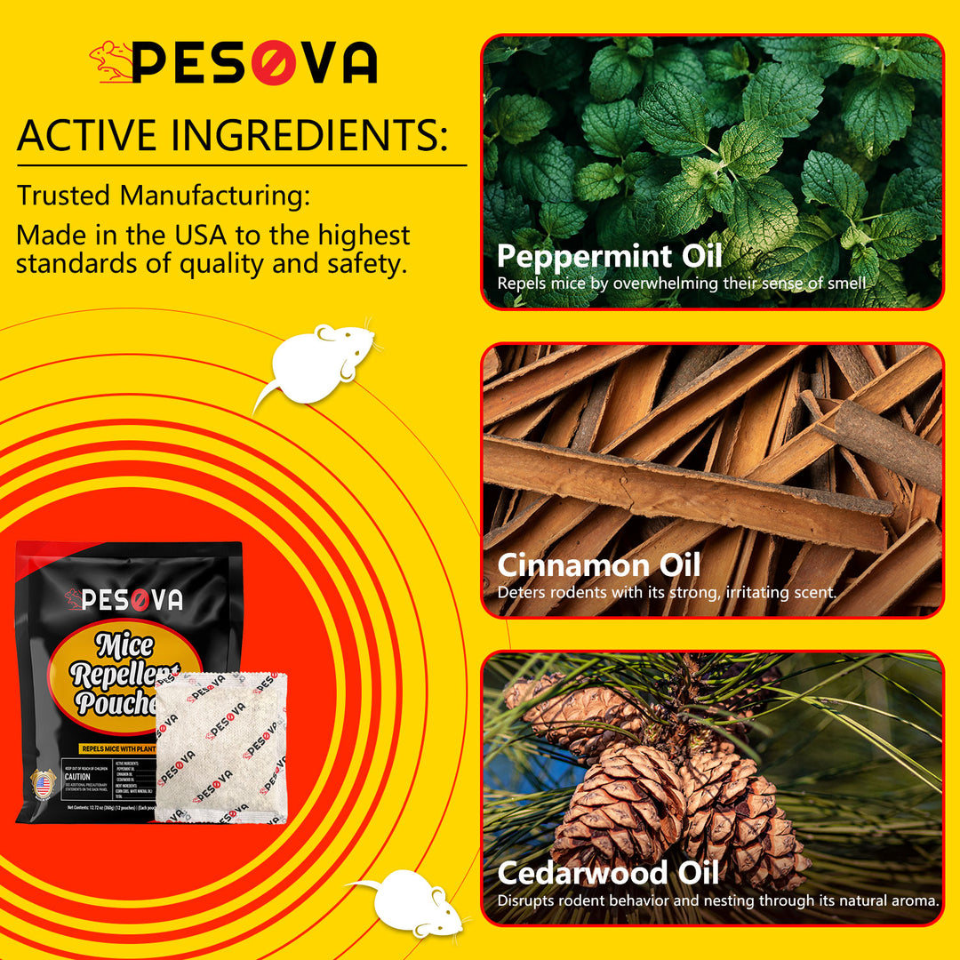 Natural Mice Repellent Pouches with Essential Oils – 12 Pack by PESOVA | Plant-Based, Chemical-Free Rodent Control